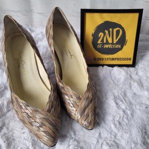 Vintage Gloria Vanderbilt G Baby Pastel Brown Gray Hand Woven Leather Size 7N